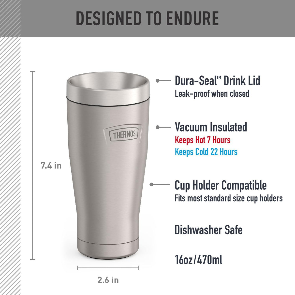 ICON SERIES, Stainless Steel Tumbler, Matte Stainless Steel, 16 oz