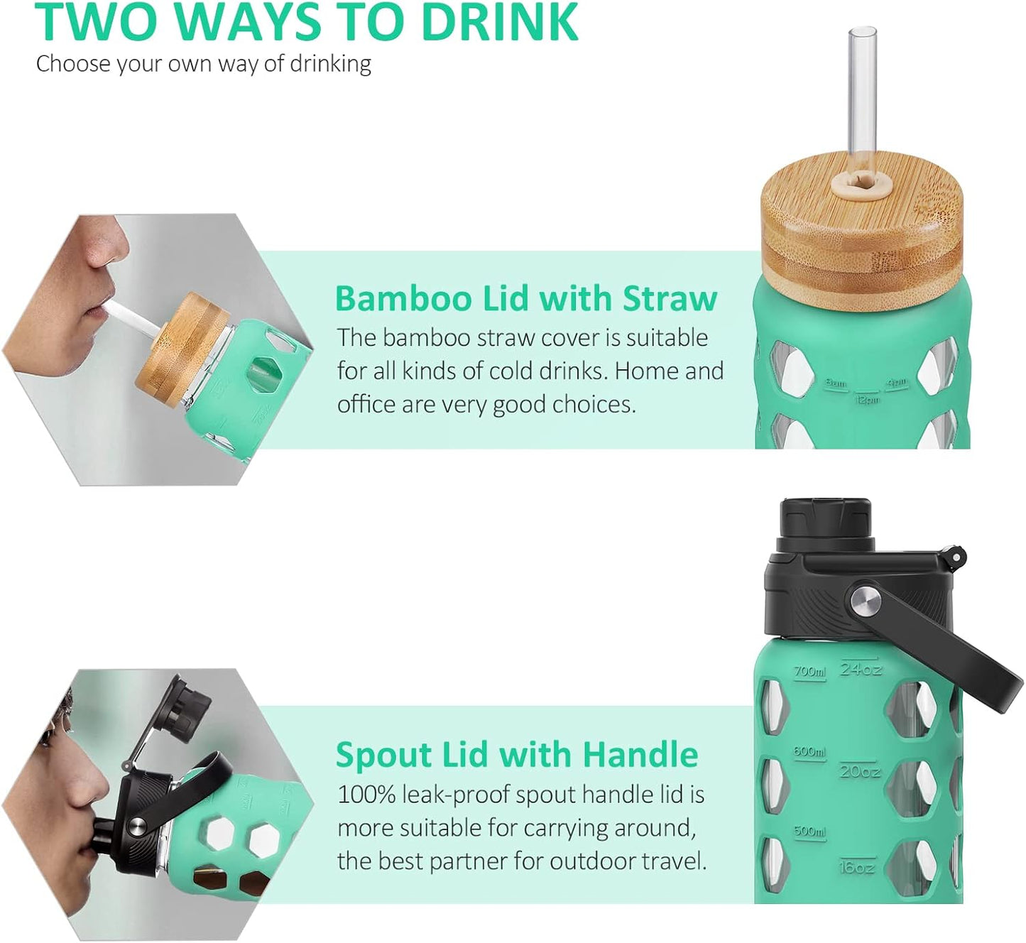 MUKOKO Glass Water Bottles, 32oz Glass Tumbler with Straw, Drinking Bottles with 2 Lids-Handle Spout Lid&Bamboo Straw Lid, Motivational Water Bottle with Time Marker and Silicone Sleeve, 1 Pack-Olive