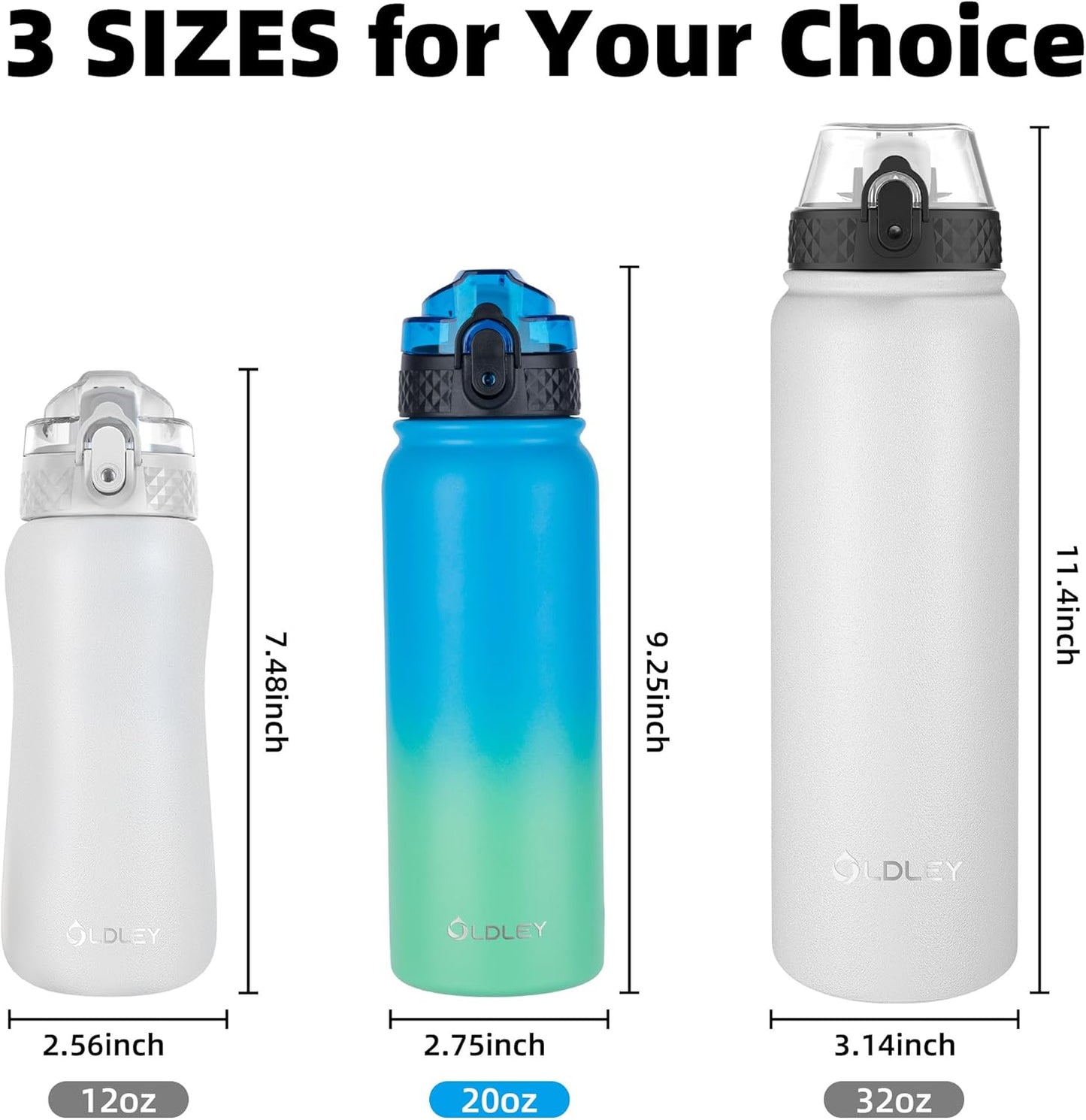 Oldley Insulated Water Bottle 20oz for Adults Kids Stainless Steel Water Bottles with Straw/Chug/Carabiner 3 Lids Fruit Strainer Double Wall Vacuum Wide Mouth BPA Free Leak-Proof for School Travel