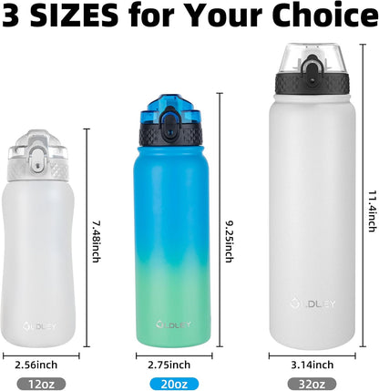 Oldley Insulated Water Bottle 20oz for Adults Kids Stainless Steel Water Bottles with Straw/Chug/Carabiner 3 Lids Fruit Strainer Double Wall Vacuum Wide Mouth BPA Free Leak-Proof for School Travel