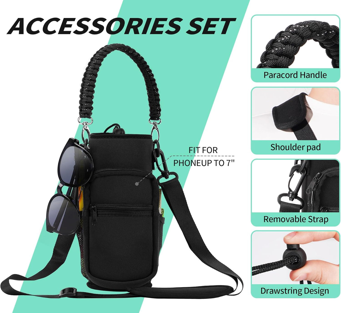 AceTreker 32/40/64/87/128 oz Water Bottle Carrier Bag, Neoprene Water Bottle Sleeve with 4 Pocket, Sport Water Holder with Paracord Handle and Shoulder Strap for Walking Hiking Camping Gym