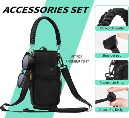 AceTreker 32/40/64/87/128 oz Water Bottle Carrier Bag, Neoprene Water Bottle Sleeve with 4 Pocket, Sport Water Holder with Paracord Handle and Shoulder Strap for Walking Hiking Camping Gym