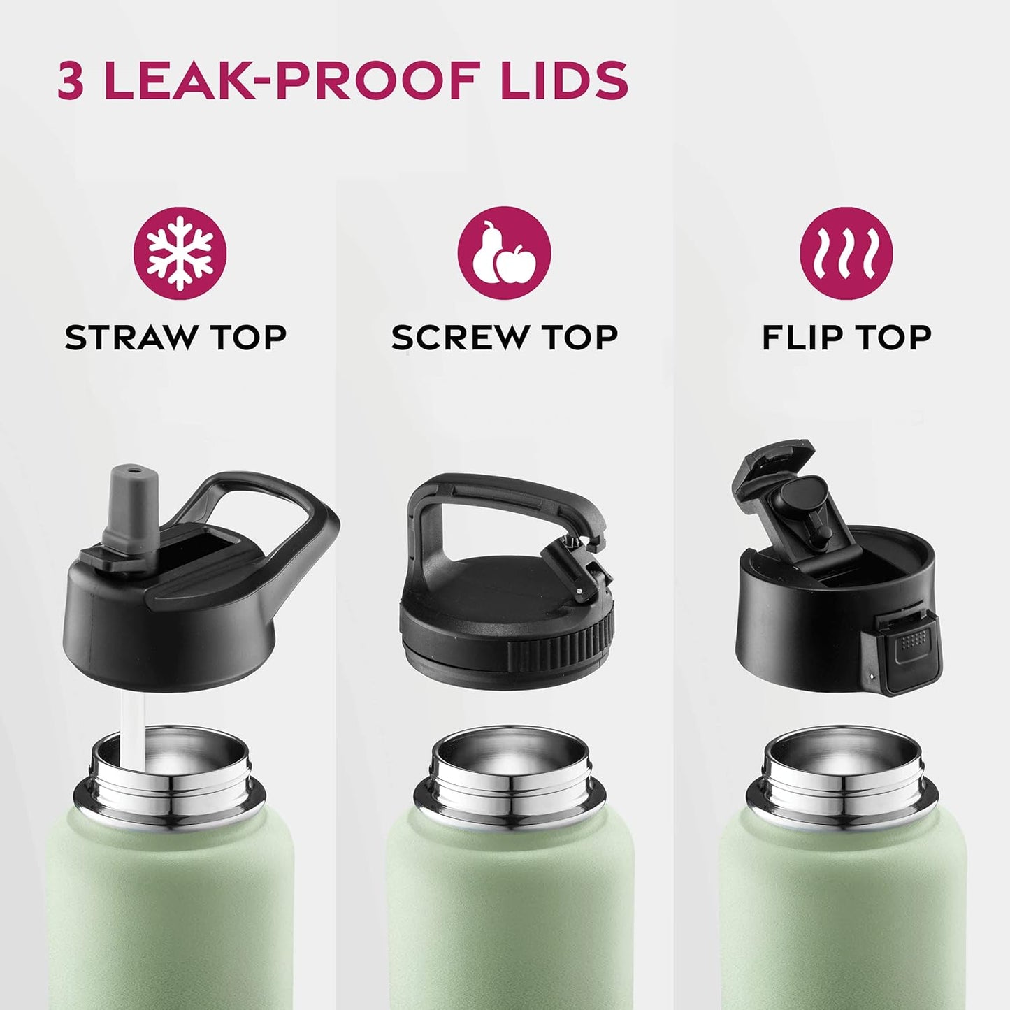 FineDine Water Bottle - Stainless Steel Insulated Water Bottle with Straw Lid, Flip Lid & Wide-Mouth Cap - Keeps Hot and Cold - 25 Oz / 739ml - Dreamy Purple