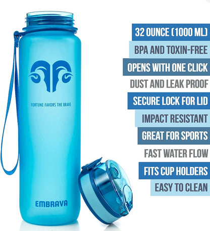 Embrava Sports Water Bottle 32oz - Fast Flow Flip Top Lid - BPA & BPS Free Leakproof Reusable - Lightweight Non-Toxic Tritan Plastic 1 Liter - Gym Hiking Office School Travel