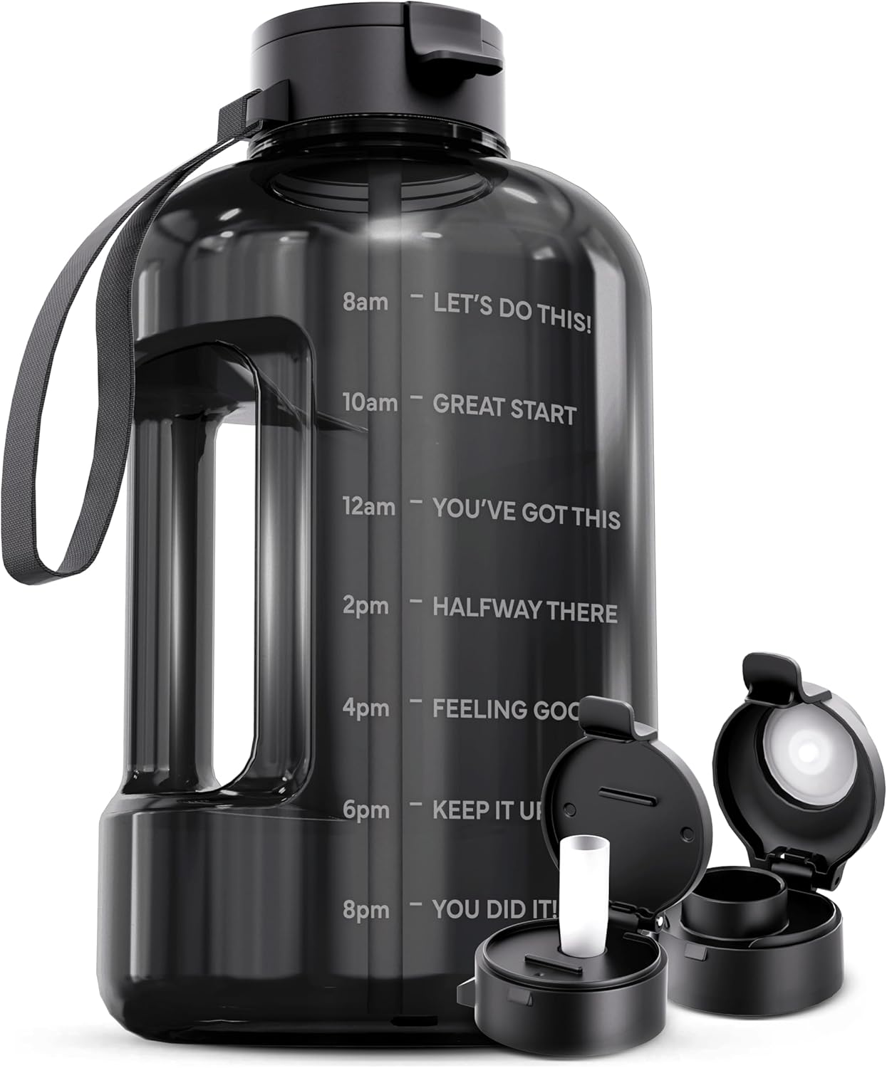 AQUAFIT 64 oz Water Bottle with Time Marker - Straw & Chug Lid - BPA Free Half Gallon Gym Water Bottle with Handle - Big Gallon Jug (Gray, 64 Ounces)