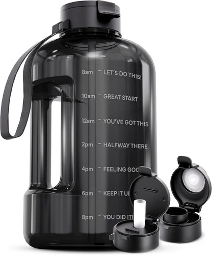 AQUAFIT 64 oz Water Bottle with Time Marker - Straw & Chug Lid - BPA Free Half Gallon Gym Water Bottle with Handle - Big Gallon Jug (Gray, 64 Ounces)