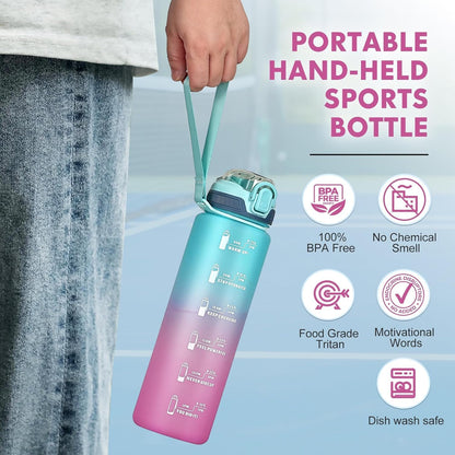 Water Bottle with Straw 1L,Boys Water Bottles with Straw 1 Litre,Waterbottle Leak-Proof Sports Water Bottle,Plastic Drinks Bottles Toxin Free，Bpa-Free (Cyan Black)