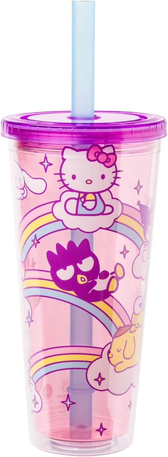 Silver Buffalo Sanrio Hello Kitty and Friends Plastic Boba Tumbler with Lid and Straw Featuring Hello Kitty, Cinnamorroll, Kuromi, My Melody, Badtz Maru, Keroppi, Chococat, and Pompompurin, 24 Ounces