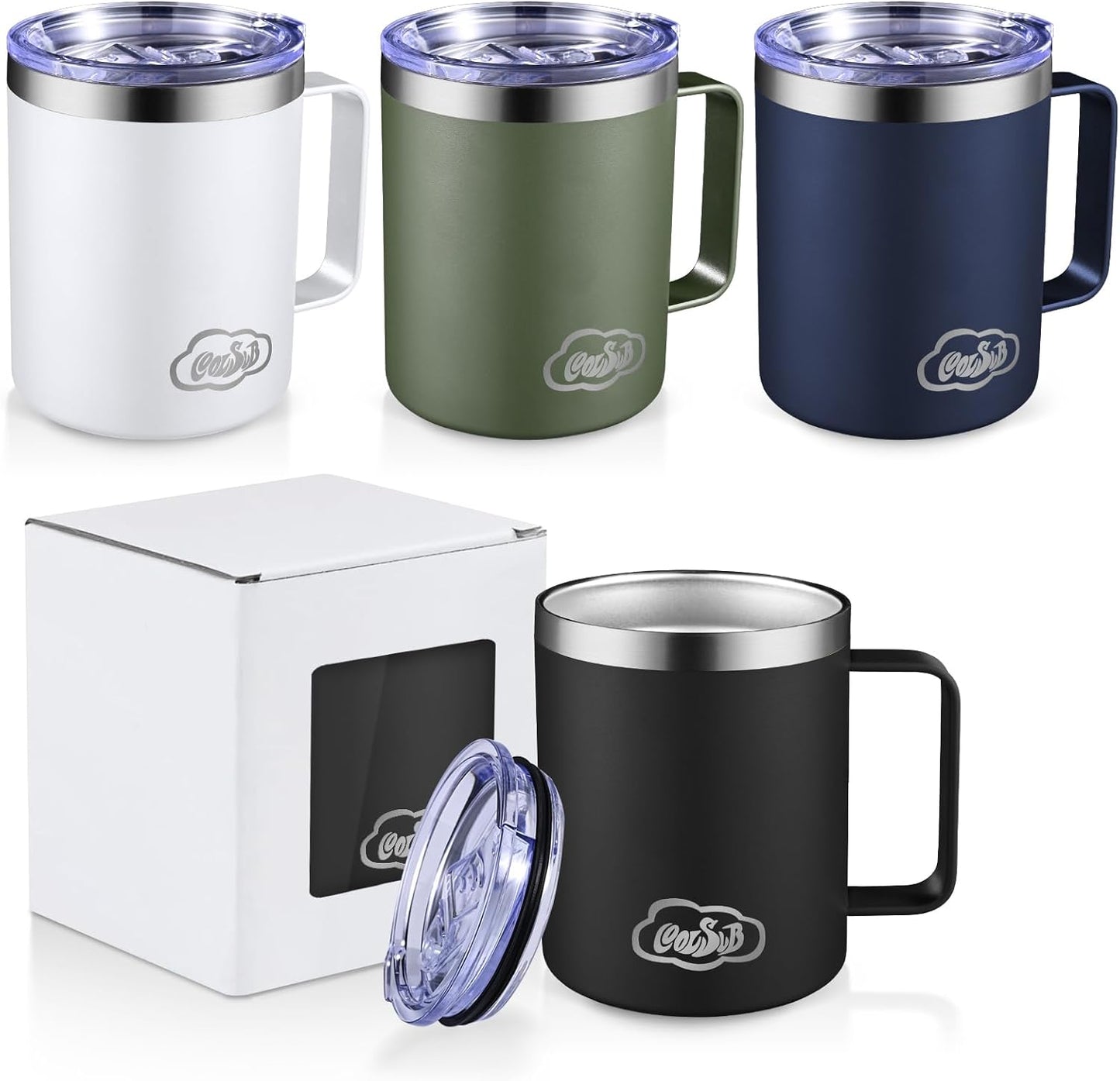 12oz Insulated Coffee Mug with Handle, Stainless Steel Wide Mouth Travel Tumblers with Lid, Double Wall Vacuum Coffee Cup for Camping, Office, Army Green 4 Pack