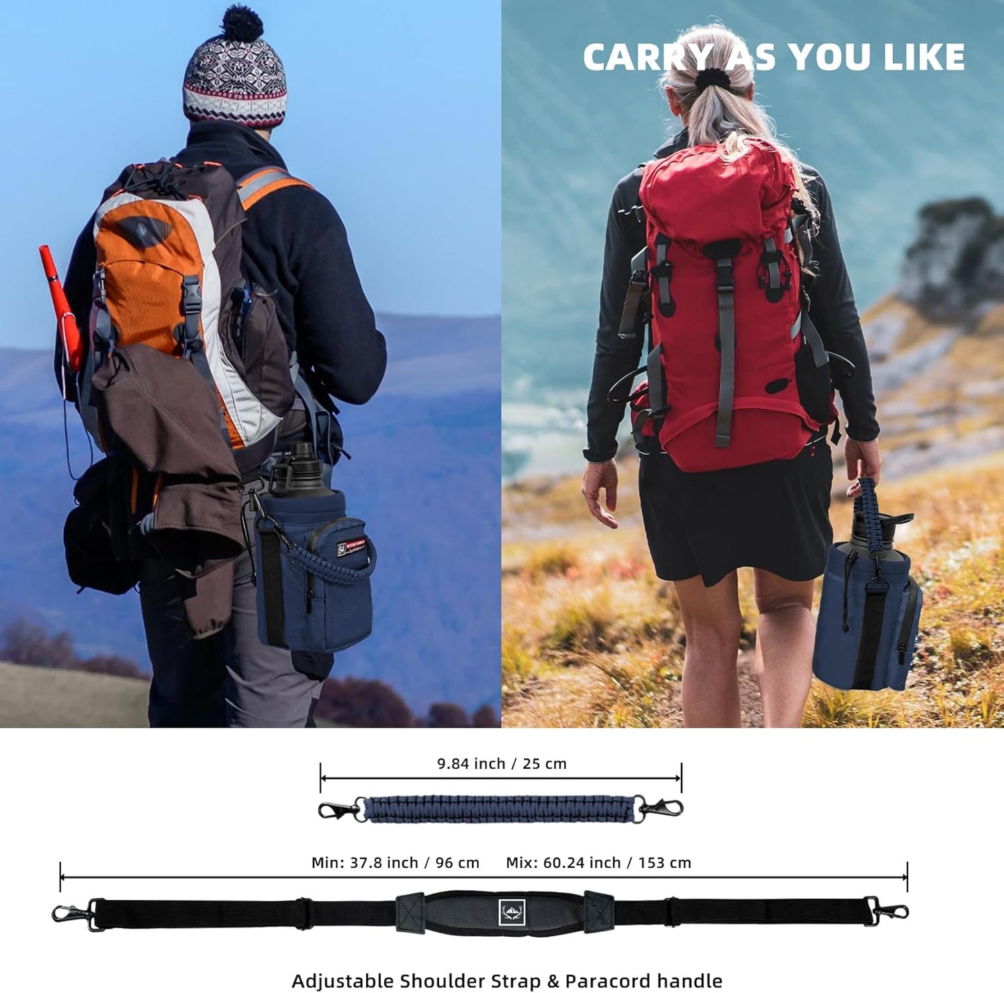 NATURE PIONEOR Water Bottle Holder with Adjustable Strap - Half/One Gallon (64/128oz) Insulated Water Bottle Sling Carrier with Phone Pocket & Paracord Handle, Outdoor Camping, Hiking, Gym