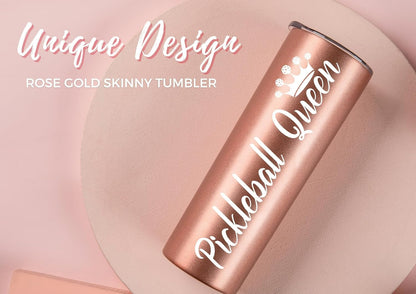 Onebttl Pickleball Gifts for Women - 20 oz Stainless Steel Skinny Tumbler with Lid, Pickleball Queen (Rose Gold)