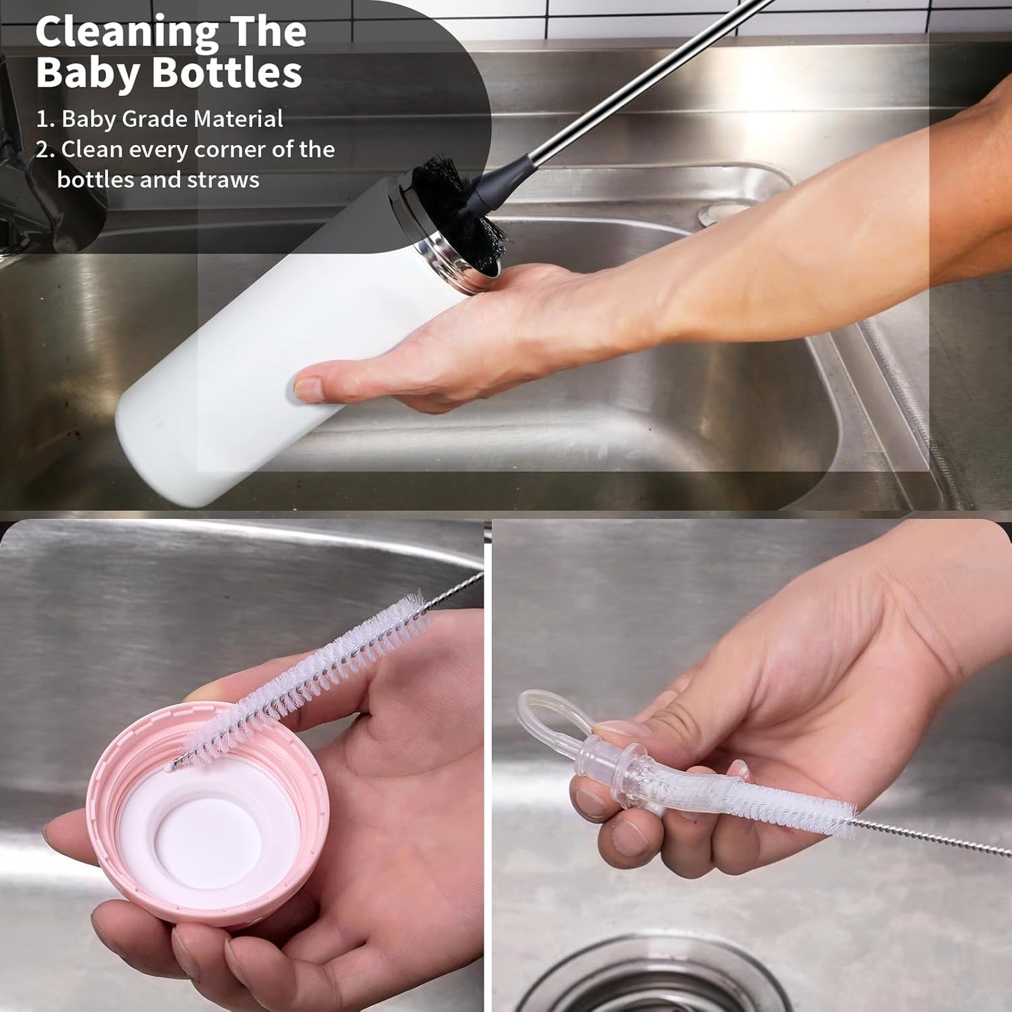 Water Bottle Brush, 15 Inches Long Stainless Steel Handle Bottle Brush Cleaner, Bottle Scrubber, Kitchen Scrub Cleaning Brushes for Cup, Wine Glasses, Coffee Mugs, Tumblers, Wine Decanters, Black