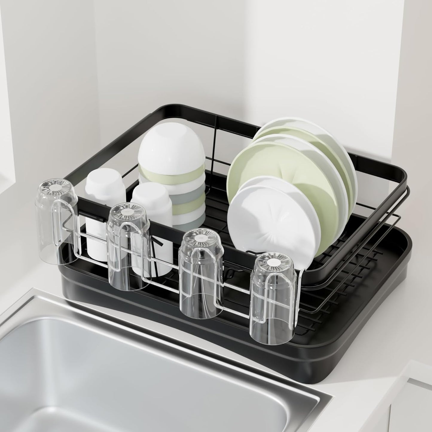 12 Inch Stainless Steel Cup Drying Rack with 4 Hooks, Kitchen Mug Holder Organizer for Glasses, Baby Bottles, Travel Mugs, Dishwasher Safe Kitchen Drainage Basket