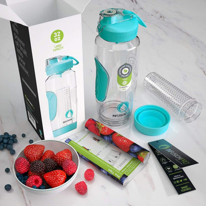 Infusion Pro 32 oz Fruit Infuser Water Bottle with Insulated Sleeve & 50 Recipe Fruit Infusion Water eBook : Bottom Loading, Large Water Infuser for More Flavor : Unique Gift Idea for Women