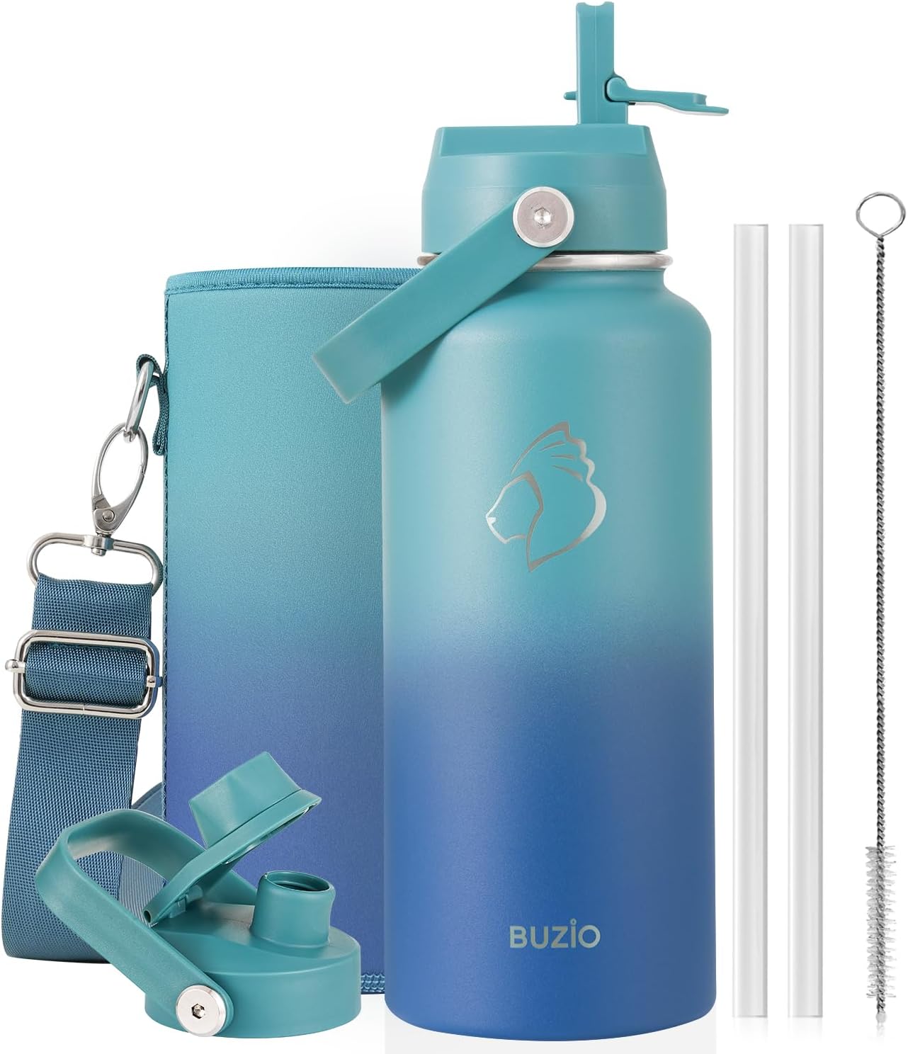 BUZIO 40oz Insulated Water Bottle, Triple Wall Vacuum Stainless Steel Water Flask with 2 lids, Lead-Free BPA-Free Straw Lid Sports Canteen Jug, Cold 48H & Hot 24H- Black - Colors B