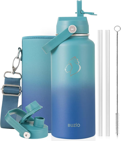 BUZIO 40oz Insulated Water Bottle, Triple Wall Vacuum Stainless Steel Water Flask with 2 lids, Lead-Free BPA-Free Straw Lid Sports Canteen Jug, Cold 48H & Hot 24H- Black - Colors B