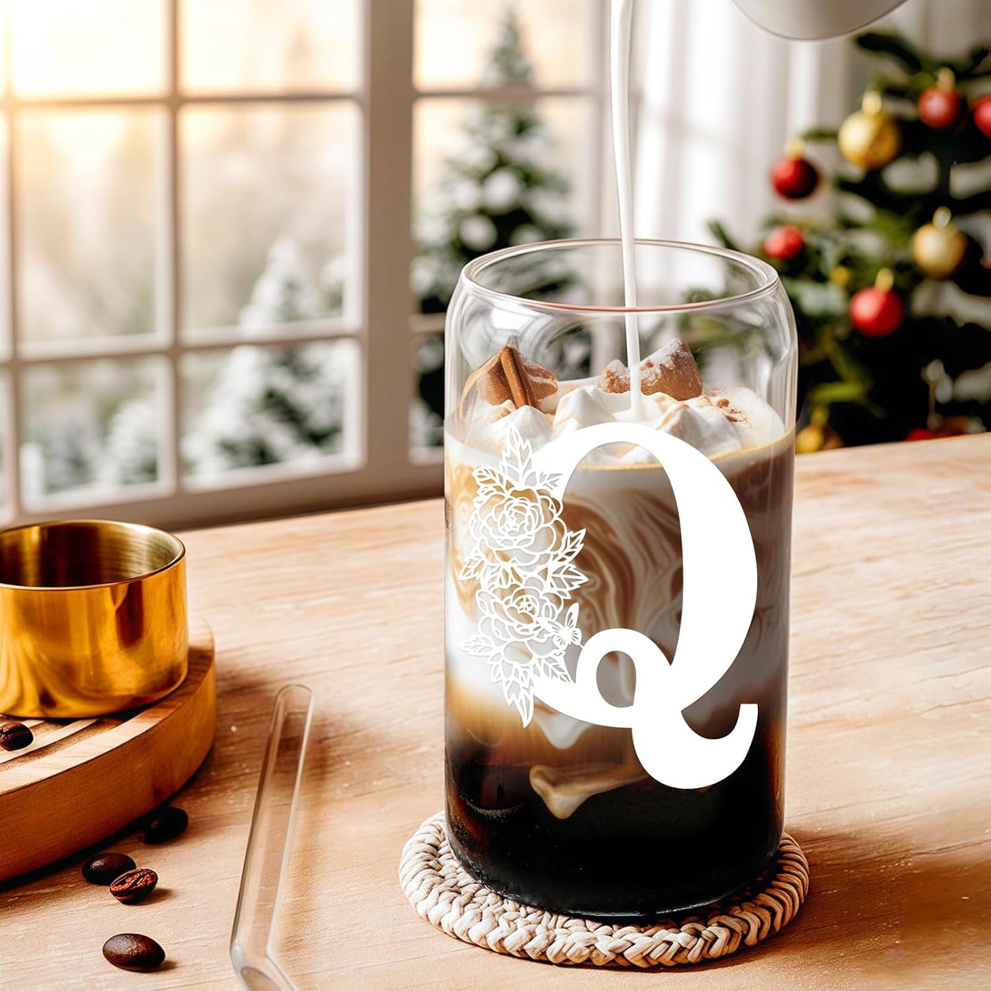 Glass Cups with Lids and Straws: Personalized Initial Glass Cup Be Used As Reusable Iced Coffee Cups with Lids,Cute Matcha Tumbler - The Christmas/Birthday Gifts for Women - M Smoothie Cup