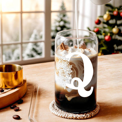 Glass Cups with Lids and Straws: Personalized Initial Glass Cup Be Used As Reusable Iced Coffee Cups with Lids,Cute Matcha Tumbler - The Christmas/Birthday Gifts for Women - M Smoothie Cup