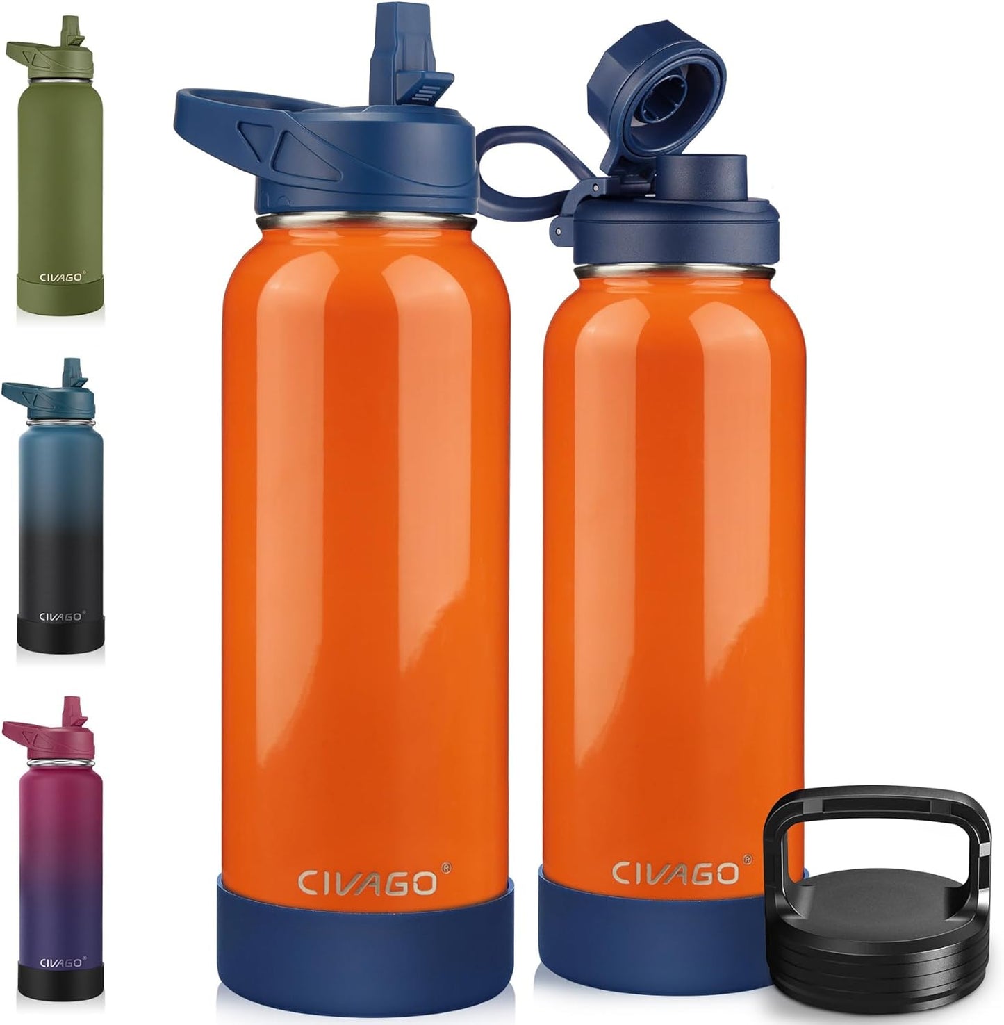 CIVAGO 32 oz Insulated Water Bottle With Straw, Stainless Steel Sports Water Cup Flask with 3 Lids (Straw, Spout and Handle Lid), Wide Mouth Travel Thermal Mug, Black