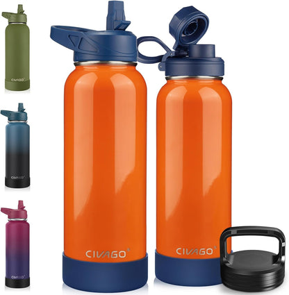 CIVAGO 32 oz Insulated Water Bottle With Straw, Stainless Steel Sports Water Cup Flask with 3 Lids (Straw, Spout and Handle Lid), Wide Mouth Travel Thermal Mug, Black