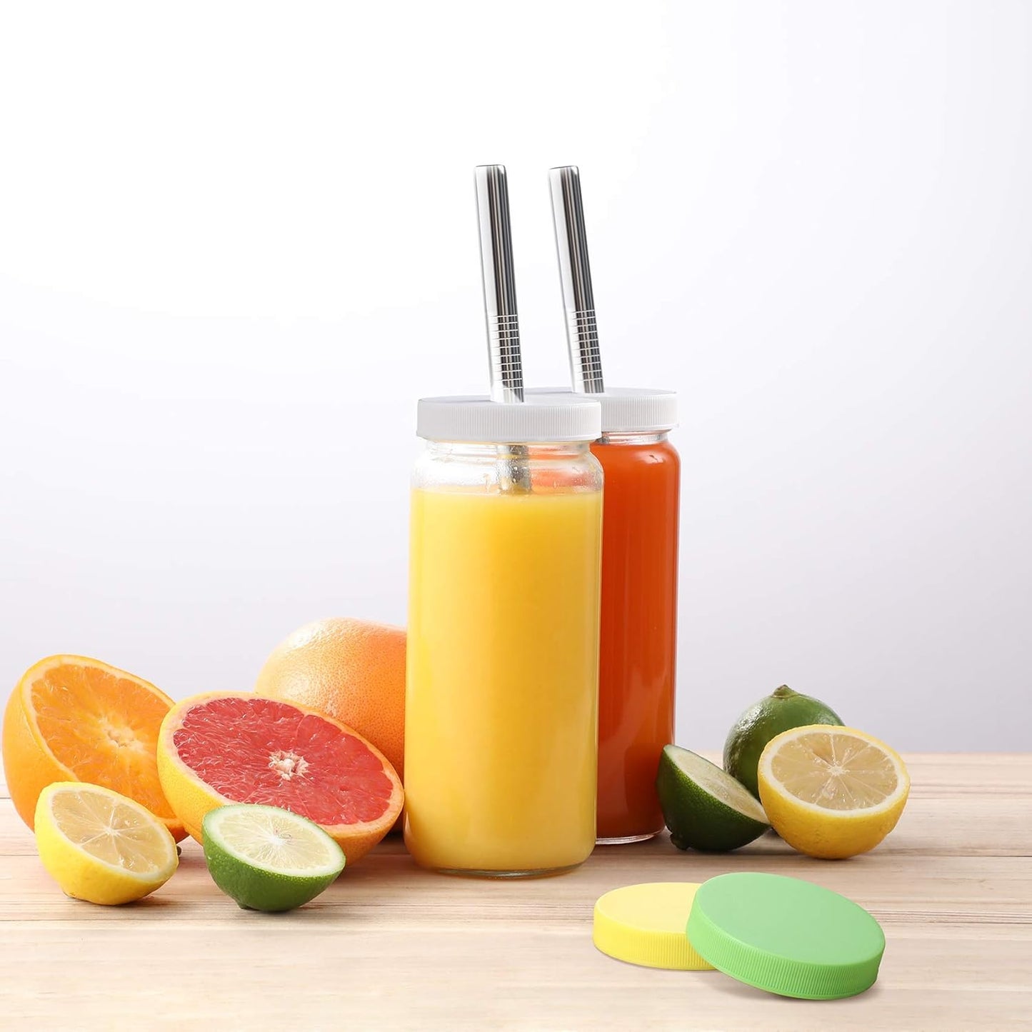 8 Pack 16OZ Glass Juice Bottles with 8 Airtight Lids & 2 Straw Lids & 2 Straws - Freezable Juice Container, Travel Juicing Jars, Drinking Water Cups - Reusable Tall Mason Jar for Tea, Juice, Smoothies