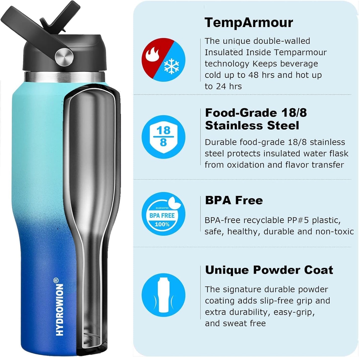 HYDROWION 32oz Stainless Steel Water Bottle(Cold for 48 Hrs, Hot for 24 Hrs),Double Wall Vacuum Insulated Water Bottle with Straw Lid, Spout Lid and Flex Cap, Fit in Any Car Cup Holder,Black