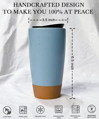Mora Double Wall Ceramic Coffee Travel Mug with Lid, 14 oz, Portable, Microwave, Dishwasher Safe, Insulated Reusable Tall Cup, Splash Resistant Lid - To Go Tumbler for Car Cup Holder, Nightwaves