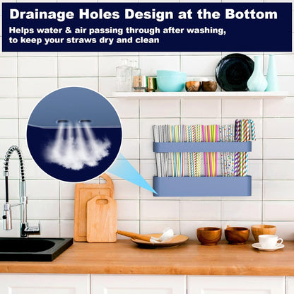Silicone Straw Holder for Cabinet with Adhesive Tape, Straw Holder for Counter, Storage Organizer for Tumbler Drinking Straws, Cabinet Door Mounted Kitchen Countertop Cupboard Accessories (Blue)