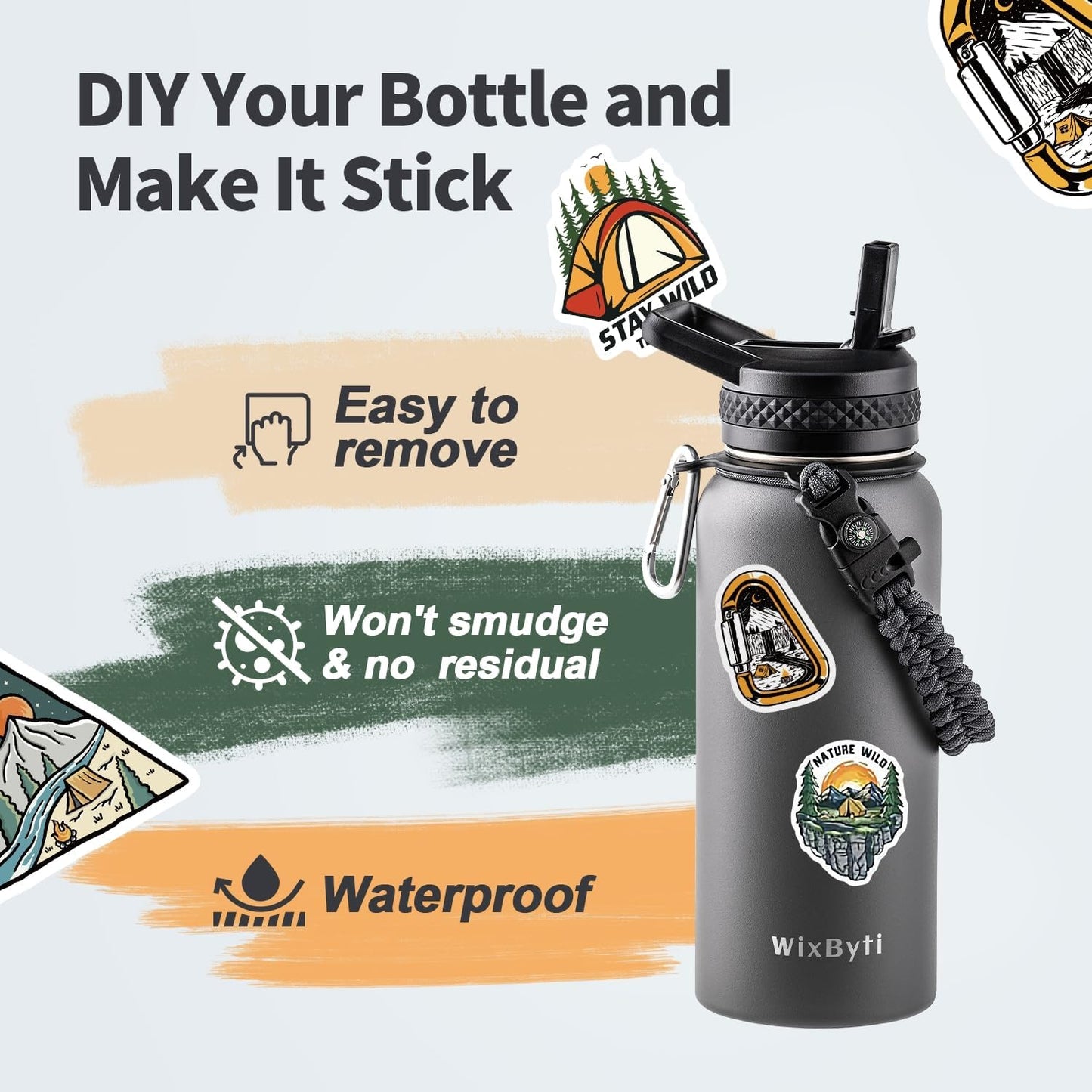 WixByti 40 oz Insulated Water Bottle with Straw (Cold for 36 Hrs), Stainless Steel Triple Wall Vacuum Sports Water Jug, Leakproof Hydro Cup Flask with Paracord Handle & Straw Spout Lids & DIY Stickers