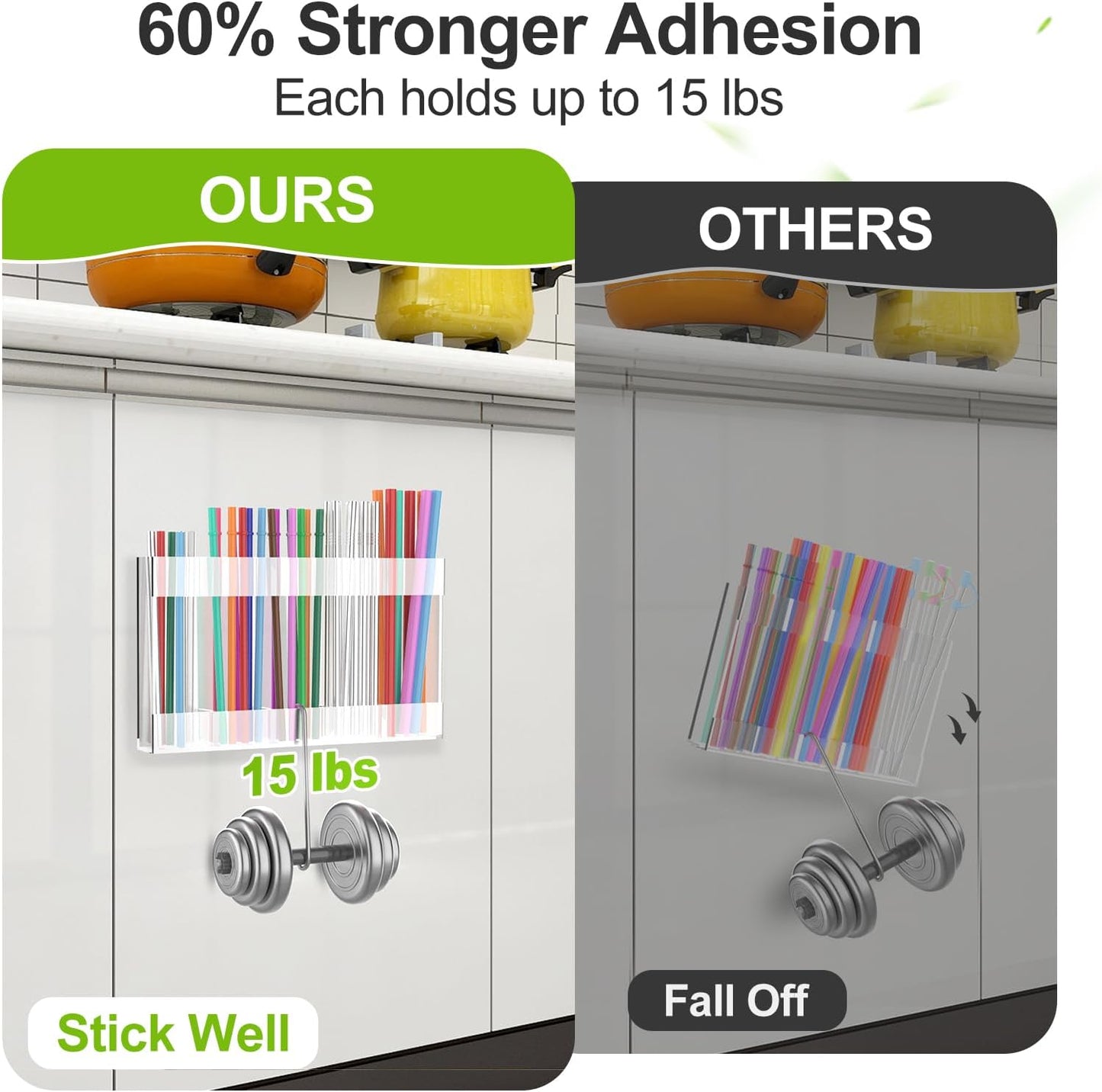 9.5” Large Acrylic Straw Holder for Cabinet Door with Detachable Ultra Sticky Adhesive Squares and Stickers, 2026 Reusable Straws Organizer Storage Dispenser for Kitchen Counter Cupboard