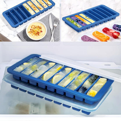 Koluti Nonstick Silicone 9 Ice Cubes Freezer Tray with Plastic Lid, 2-Pack Water Bottle Long Narrow Stick Ice Cube Mold Maker, Ideal for Sport Bottles, Cocktail and Whisky, Dishwasher Safe & BPA Free