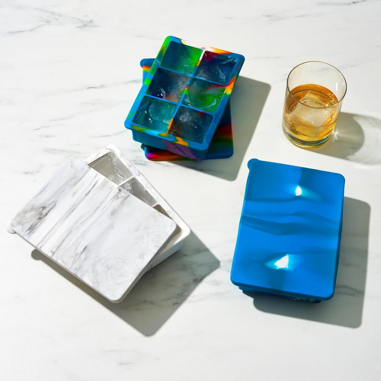 Host Ice Cube Tray, Makes Four 5-Inch Long Cubes, Durable Silicone Trays with Easy Release Design, Perfect for Water Bottles and Highball Glasses, Home Bar Accessories, Set of 1, Marble