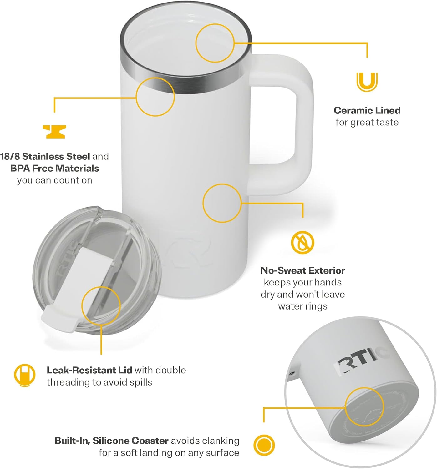 RTIC 20oz Road Trip Travel Mug with Lid and Handle, Ceramic Lined, Insulated, Stainless Steel, Metal, Double Wall Vacuum-Insulation, Portable Coffee, Tea Cup for Hot and Cold Drink, Black