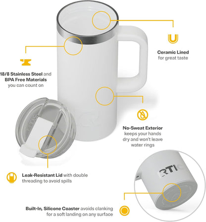 RTIC 20oz Road Trip Travel Mug with Lid and Handle, Ceramic Lined, Insulated, Stainless Steel, Metal, Double Wall Vacuum-Insulation, Portable Coffee, Tea Cup for Hot and Cold Drink, Black