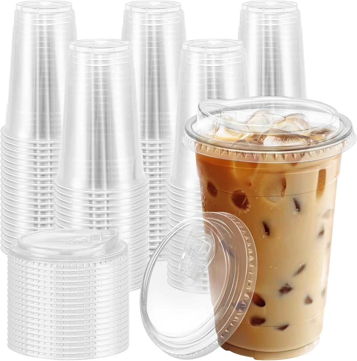 BYSNOW 100 Pack 16 oz Clear Plastic Cups with Lids, Disposable Iced Coffee Cups with Sip Lids, Sturdy Plastic Smoothie Cups for Cold Drinks