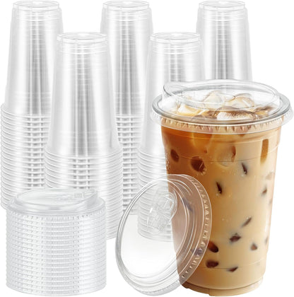 BYSNOW 100 Pack 16 oz Clear Plastic Cups with Lids, Disposable Iced Coffee Cups with Sip Lids, Sturdy Plastic Smoothie Cups for Cold Drinks