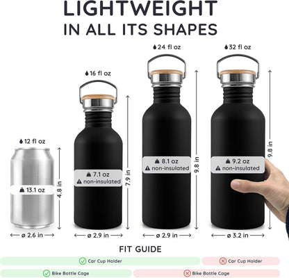 Bambaw Stainless Steel Water Bottles 32 oz, Non-insulated Single Wall Metal Water Bottle Stainless Steel, Reusable & Eco Friendly, Dishwasher Safe – Silver | Non-insulated