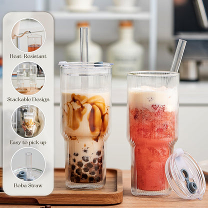 KEMORELA 28 oz Double Wall Glass Tumblers Set of 2, Extra-Wide 13mm Reusable Drinking Straws, Boba Tumbler, Wide-Mouth Water Cups for Iced Coffee, Smoothies, Boba & Tea Lovers (Clear)