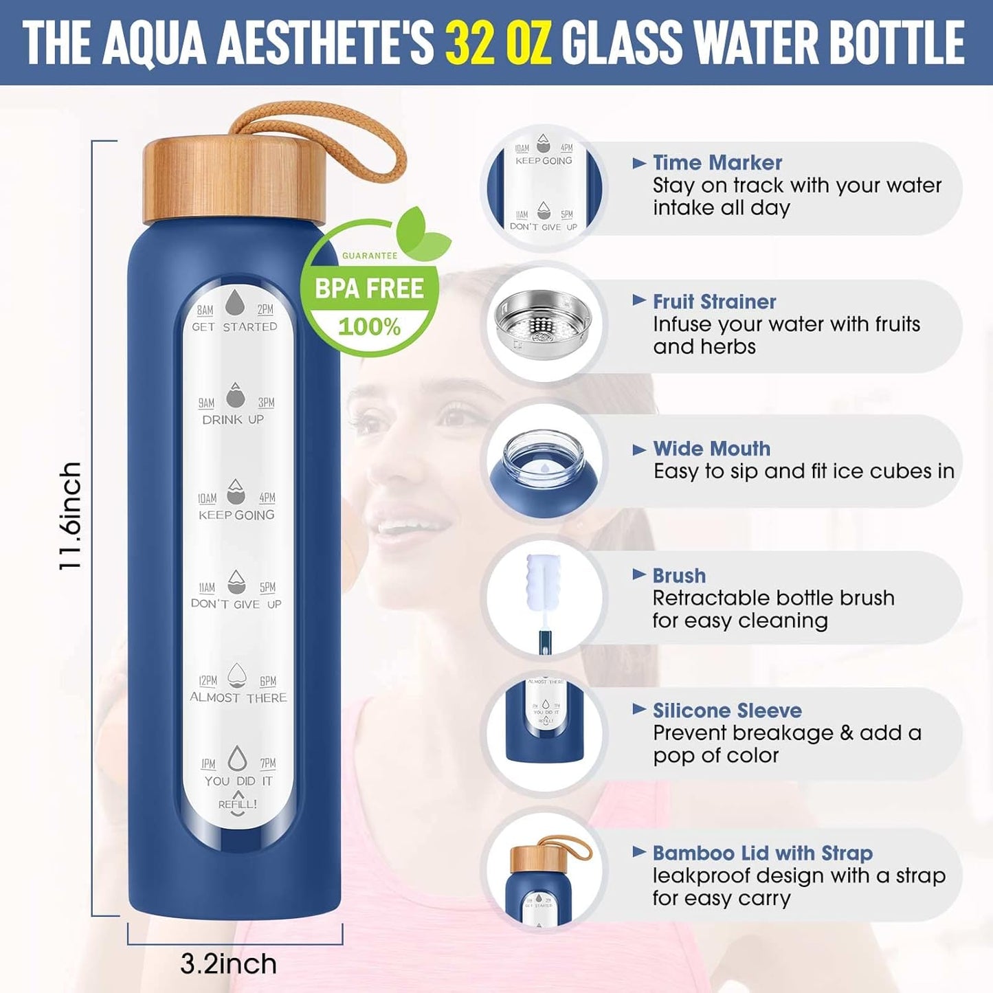 Aqulea Glass Water Bottles 25 Oz with Silicone Sleeve - BPA Free Reusable Wide Mouth Glass Motivational Water Bottles with Fruit Infuser – Leak Proof Borosilicate Water Bottle with Time Marker (White)