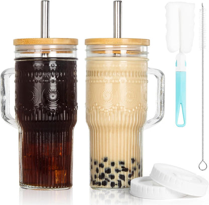 JunVpic Glass Cups with Lids and Straws,24oz Glass Tumbler with Handle Iced Coffee Cup for Coffee,Juice,Tea,Milk,Smoothie,Hot & Cold Drinks (Pink)