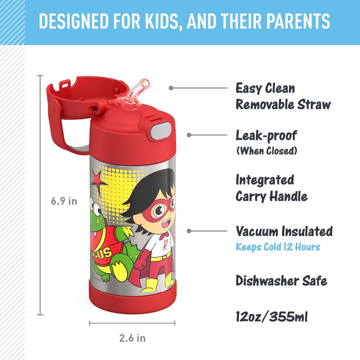 THERMOS FUNTAINER Water Bottle with Straw - 12 Ounce - Kids Stainless Steel Vacuum Insulated Water Bottle with Lid, Bluey - Colors B