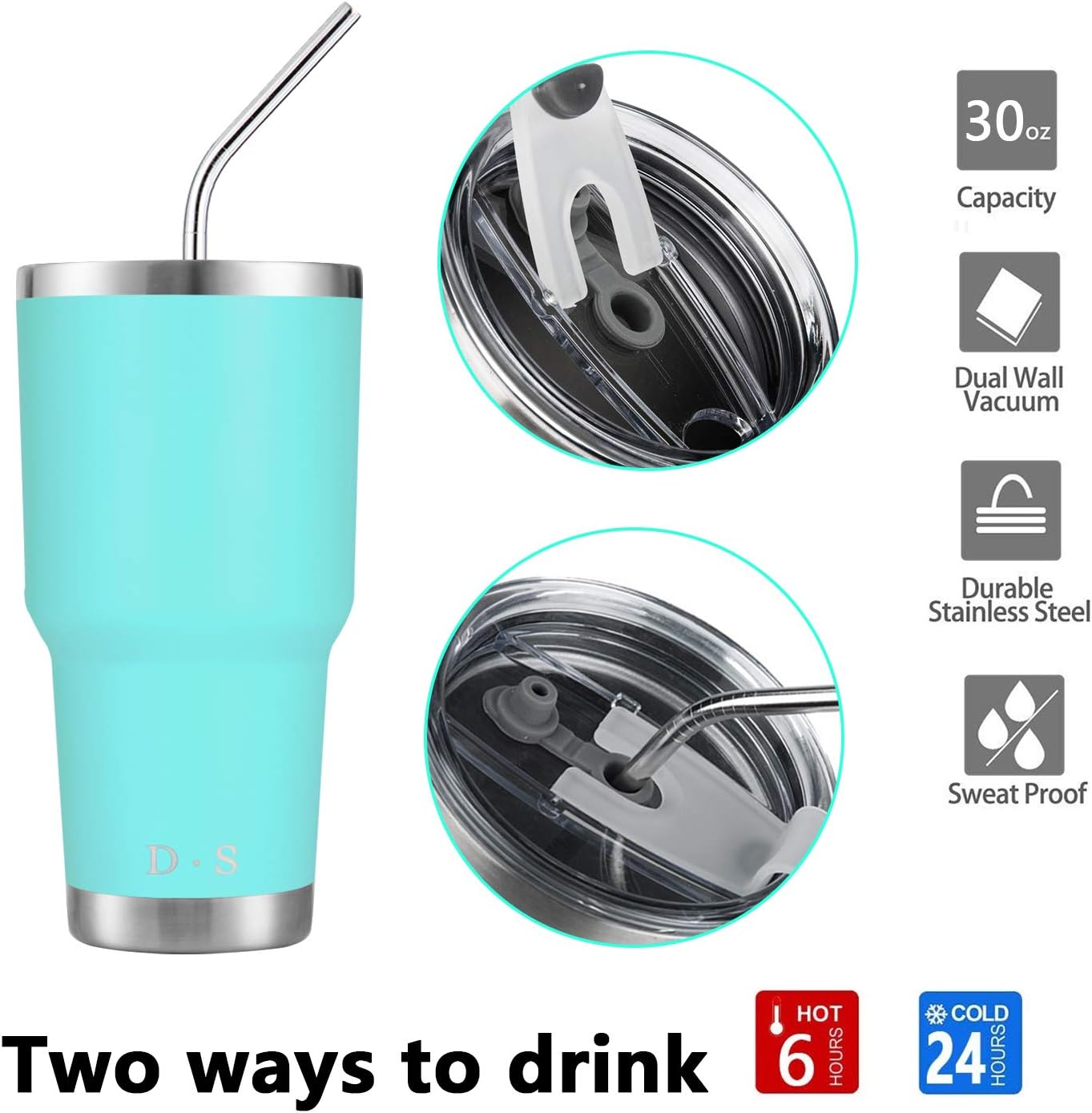 D·S 30oz Blue Tumbler Stainless Steel Double Wall Vacuum Insulated Mug with Straw and Lid, Cleaning Brush for Cold and Hot Beverages