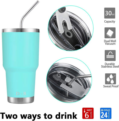 D·S 30oz Blue Tumbler Stainless Steel Double Wall Vacuum Insulated Mug with Straw and Lid, Cleaning Brush for Cold and Hot Beverages