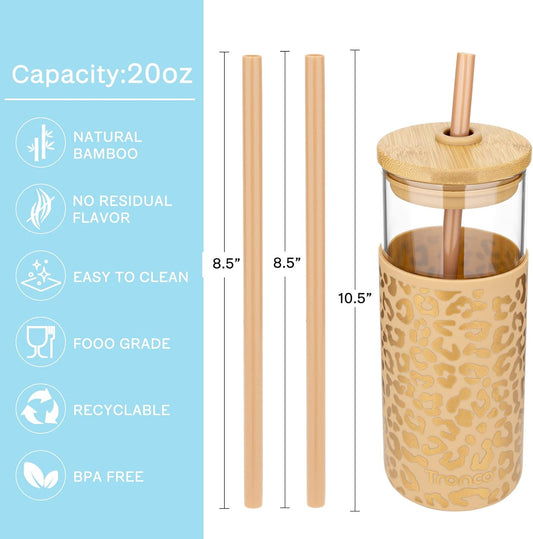 Tronco 20 oz Glass Tumbler with Lid and Straw, Iced Coffee Cup and Smoothie Cup with Bamboo Lids & Protective Silicone Sleeve, Dishwasher Safe, BPA-Free, Glass Cup 1 Pack - Colors B