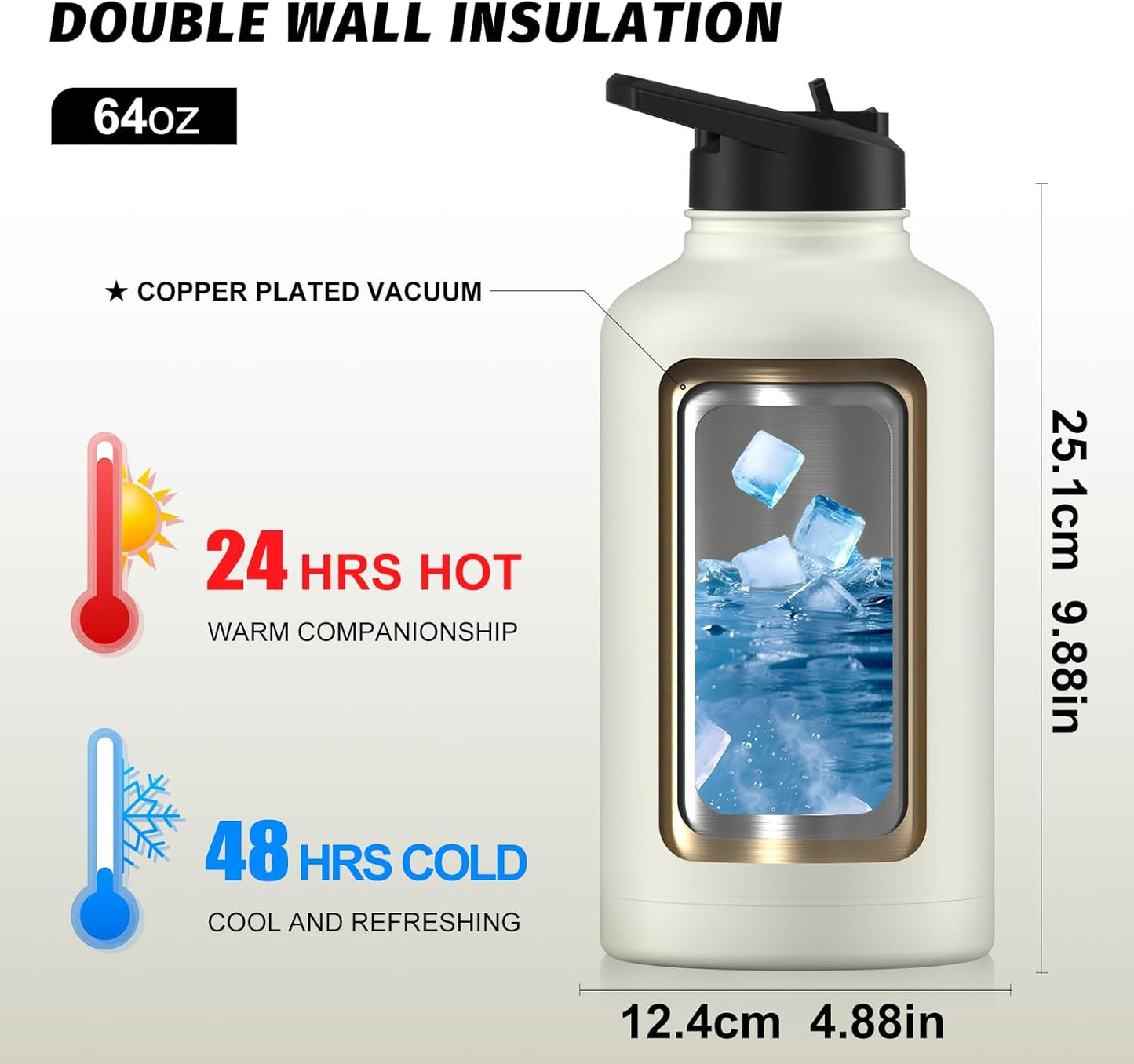 40oz Insulated Water Bottle (Cold for 48 Hrs),BPA Free&Leak Proof,Stainless Steel Water Flask,Water Jug with Straw Spout Lids for Gym,Hiking,Travel,Black Blue