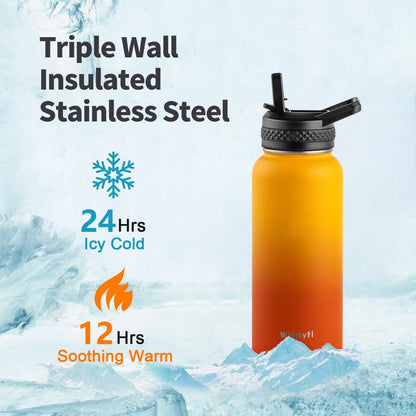 WixByti 40 oz Insulated Water Bottle with Straw (Cold for 36 Hrs), Stainless Steel Triple Wall Vacuum Sports Water Jug, Leakproof Hydro Cup Flask with Paracord Handle & Straw Spout Lids & DIY Stickers