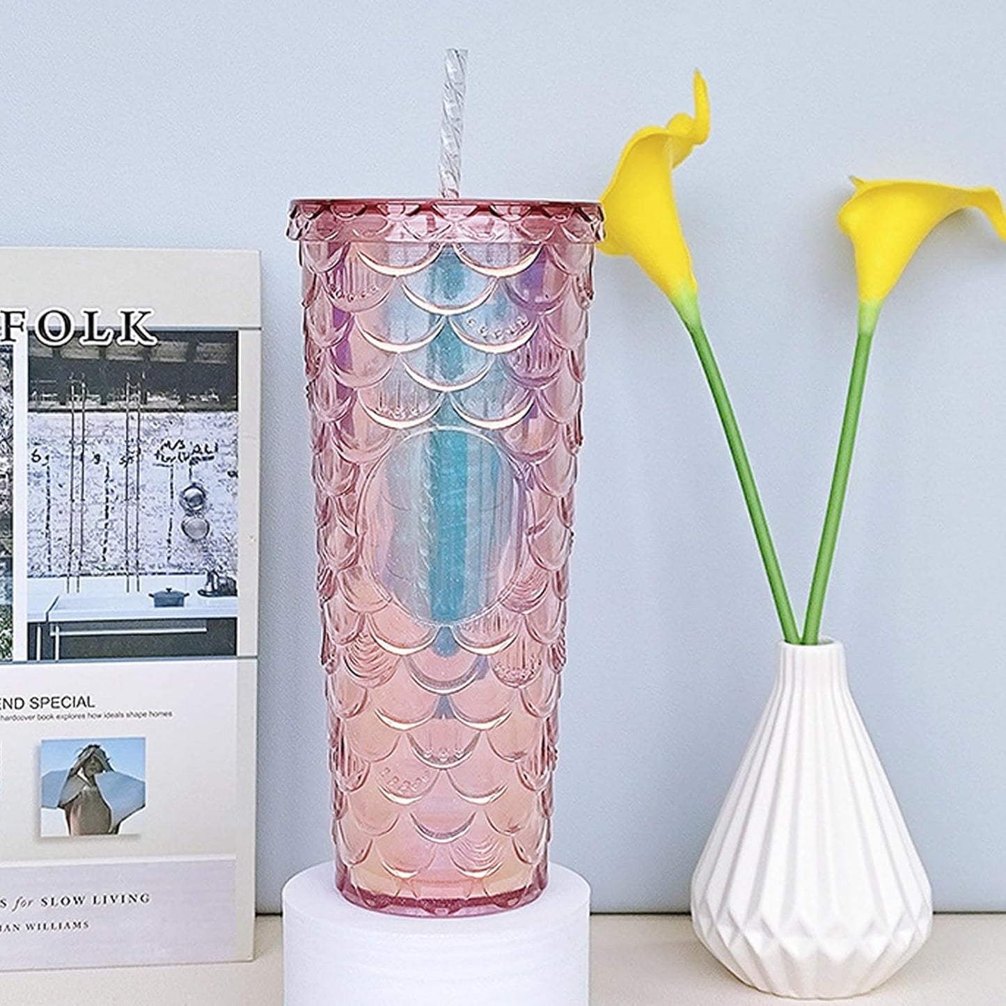 Studded Tumbler With Straw Tumblers With Lids And Straws Iridescent Blue Cups Water Cup With Straw And Lid BPA-Free Double-Wall Plastic for Iced Coffee Cups or Water 24 Oz