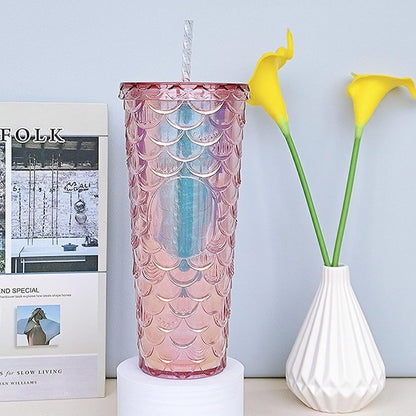 Studded Tumbler With Straw Tumblers With Lids And Straws Iridescent Blue Cups Water Cup With Straw And Lid BPA-Free Double-Wall Plastic for Iced Coffee Cups or Water 24 Oz
