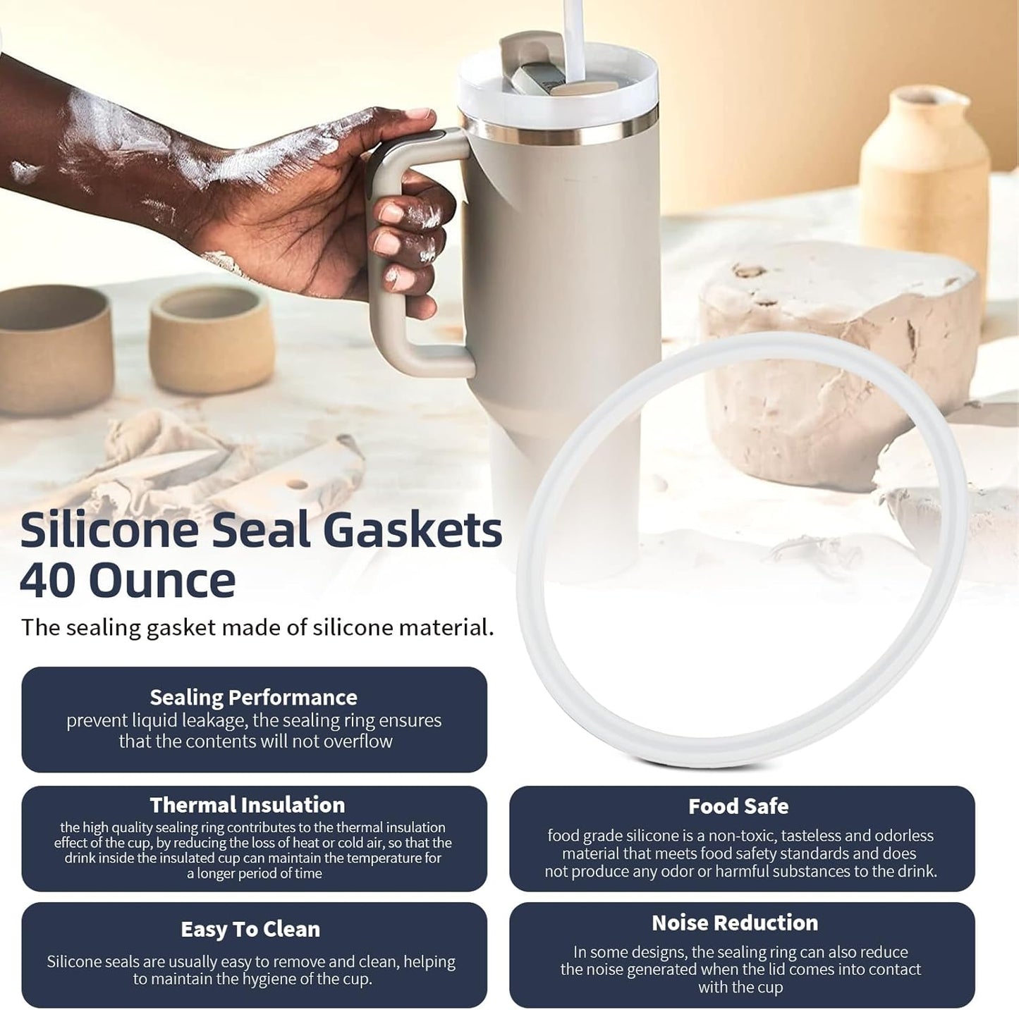 Cup Lid Seal Gasket Replacement Parts 40 oz, Thermos Lid Silicone Seal Ring Not Rubber Compatible with Stanley Quencher H2.0 FlowState Stainless Steel Tumbler Lid 40 oz, 6 Pcs