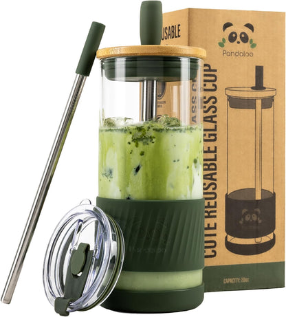 Pandaloo® Glass Cups With Lids and Straws -20 Fl Oz- Perfect Size Iced Coffee Cup - Smoothie Cup With Bamboo Lid and On the go Lid - Glass Tumbler With Straw (1 Count (Pack of 1), Lilac Rhapsody)